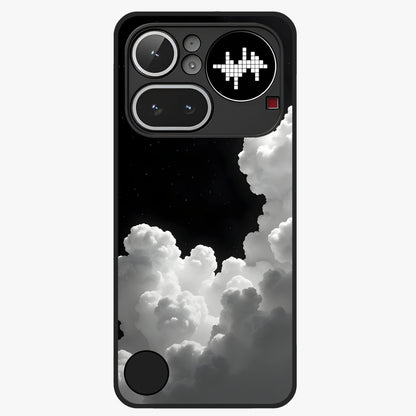 Black Background With White Cloud Glass Case showing flat back view with minimal cloud artwork on dark background and glossy glass finish.
