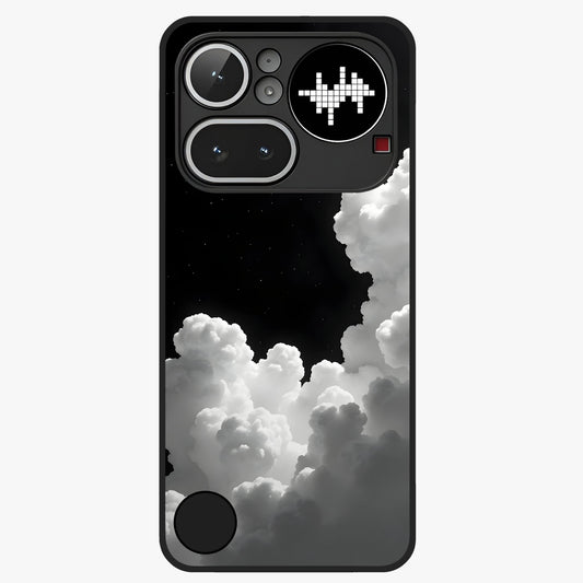 Black Background With White Cloud Glass Case showing flat back view with minimal cloud artwork on dark background and glossy glass finish.