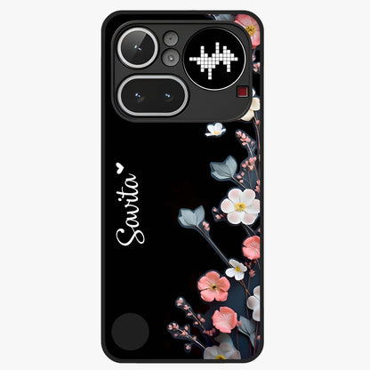 Black Elegance Floral Custom Name Glass Case showing flat back view with elegant floral artwork and personalized name design.