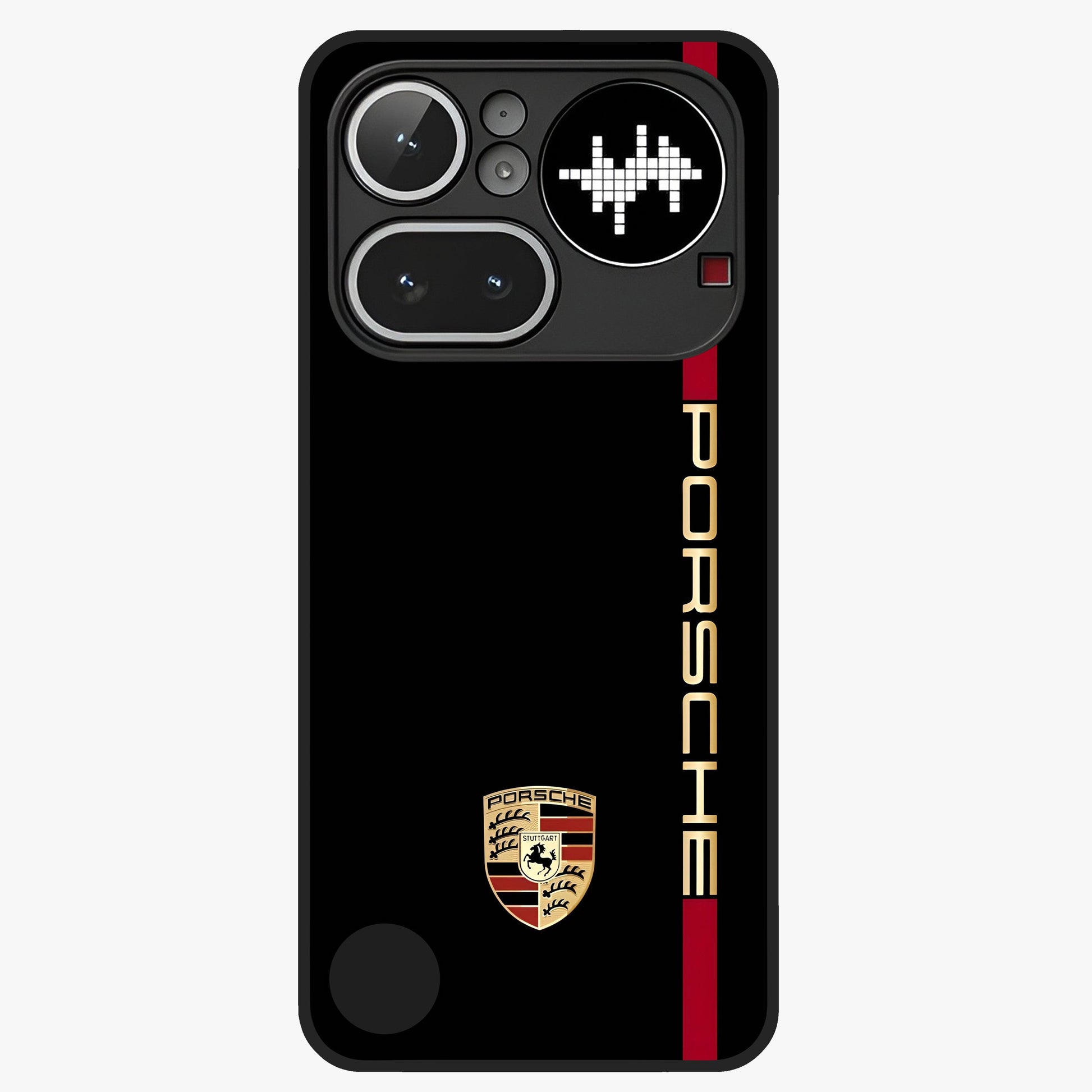 Black Minimal Porsche Glass Case showing flat back view with sleek minimal sports car artwork and glossy glass finish.