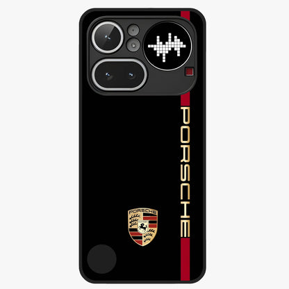 Black Minimal Porsche Glass Case showing flat back view with sleek minimal sports car artwork and glossy glass finish.