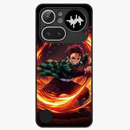 Blazing Sword Resolve Glass Case showing flat back view with fiery sword artwork and glossy glass finish.