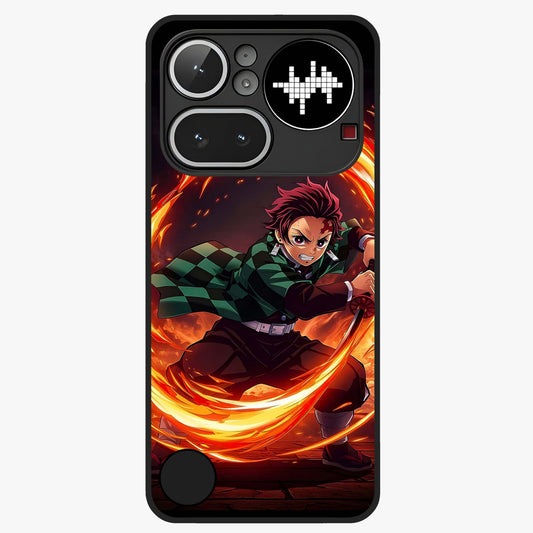 Blazing Sword Resolve Glass Case showing flat back view with fiery sword artwork and glossy glass finish.