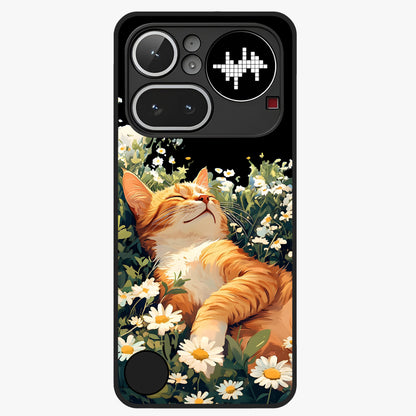 Blissful Bloom Cat Glass Case showing flat back view with cute cat and floral bloom artwork and glossy glass finish.