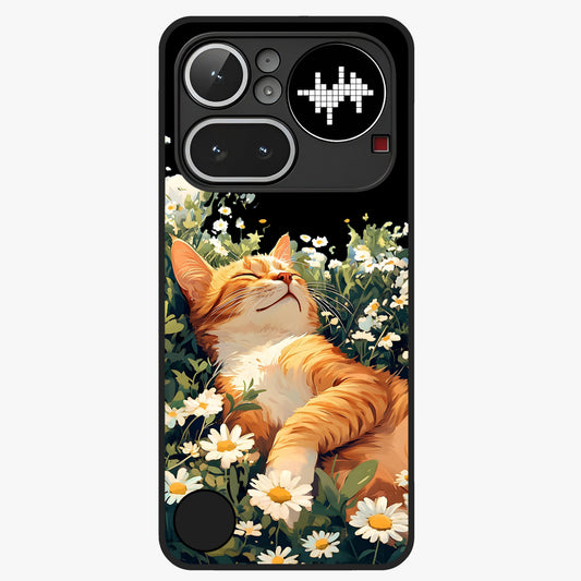 Blissful Bloom Cat Glass Case showing flat back view with cute cat and floral bloom artwork and glossy glass finish.
