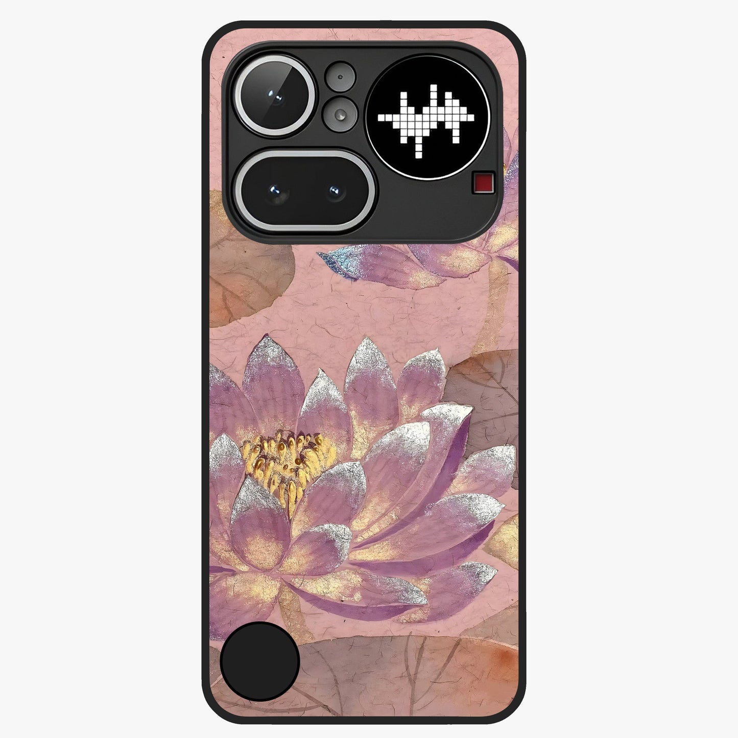 Blossom Mist Lotus Glass Case showing flat back view with serene lotus blossom artwork and glossy glass finish.