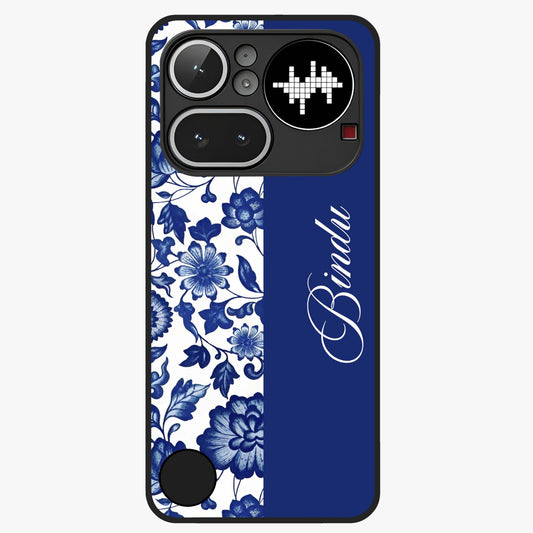 Blue Vintage Floral Pattern Glass Case upright view showcasing timeless floral illustration with vintage inspired style.