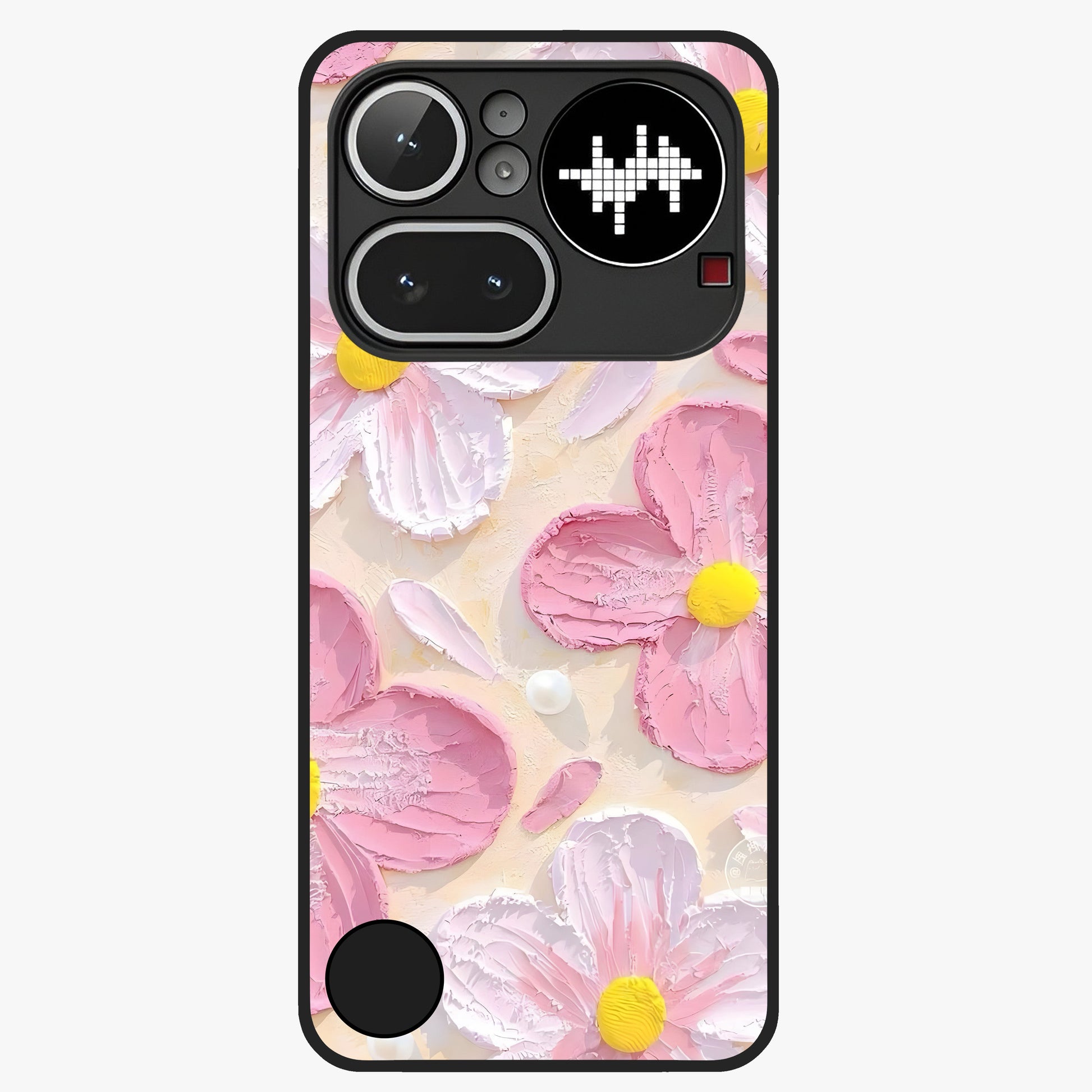 Blush Bloom Texture Glass Case showing flat back view with soft blush floral texture artwork and glossy glass finish.