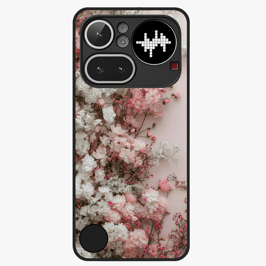 Blush Blossom Cloud Glass Case showing flat back view with dreamy blush cloud blossom artwork and glossy glass finish.