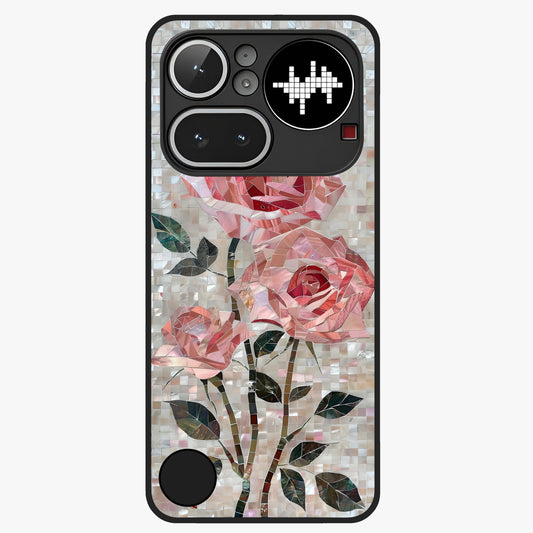 Blush Mosaic Bloom Glass Case showing flat back view with mosaic floral bloom artwork and glossy glass finish.