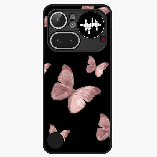Butterfly Pattern Glass Case showing flat back view with elegant butterfly pattern artwork and glossy glass finish.