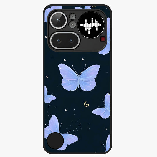 Butterfly With Stars Pattern Glass Case showing flat back view with butterfly and star pattern artwork and glossy glass finish.