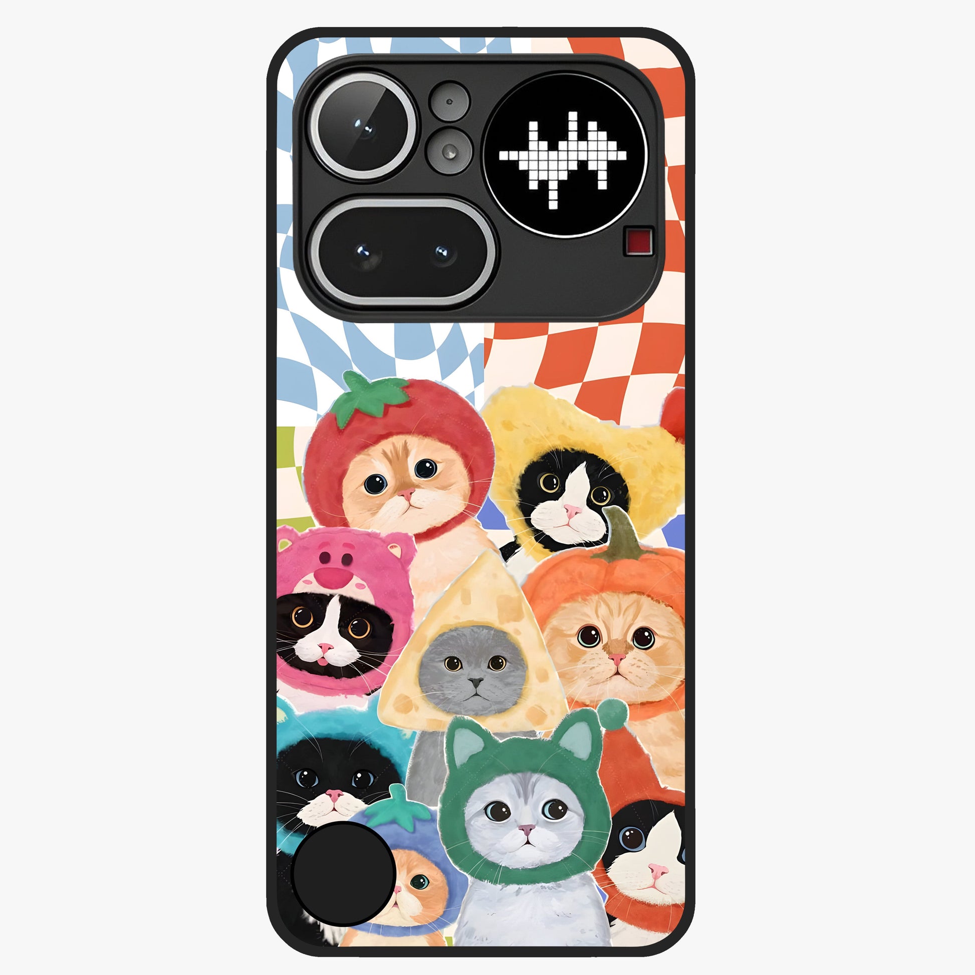 Cats in Fruits Glass Case showing flat back view with playful cat illustrations inside fruit artwork and glossy glass finish.