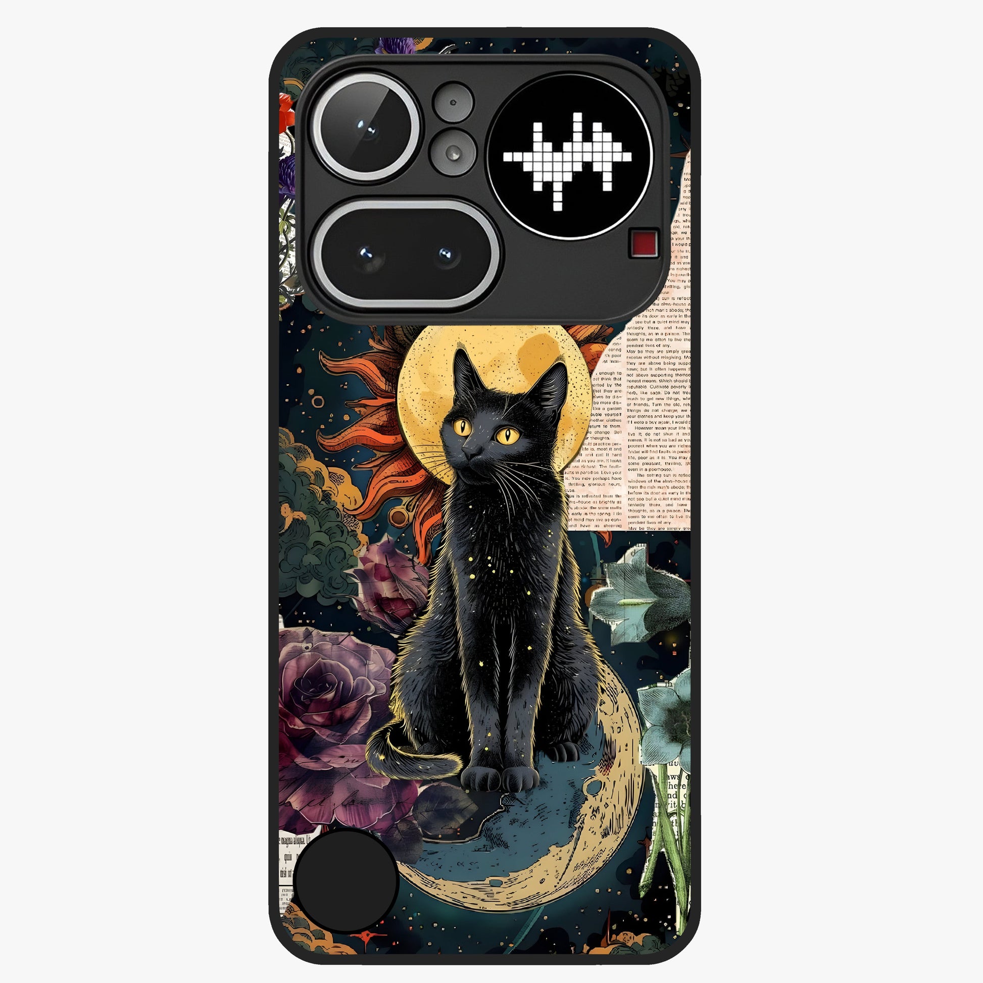Celestial Black Cat Glass Case showing flat back view with mystical black cat artwork and glossy glass finish.