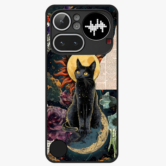Celestial Black Cat Glass Case showing flat back view with mystical black cat artwork and glossy glass finish.