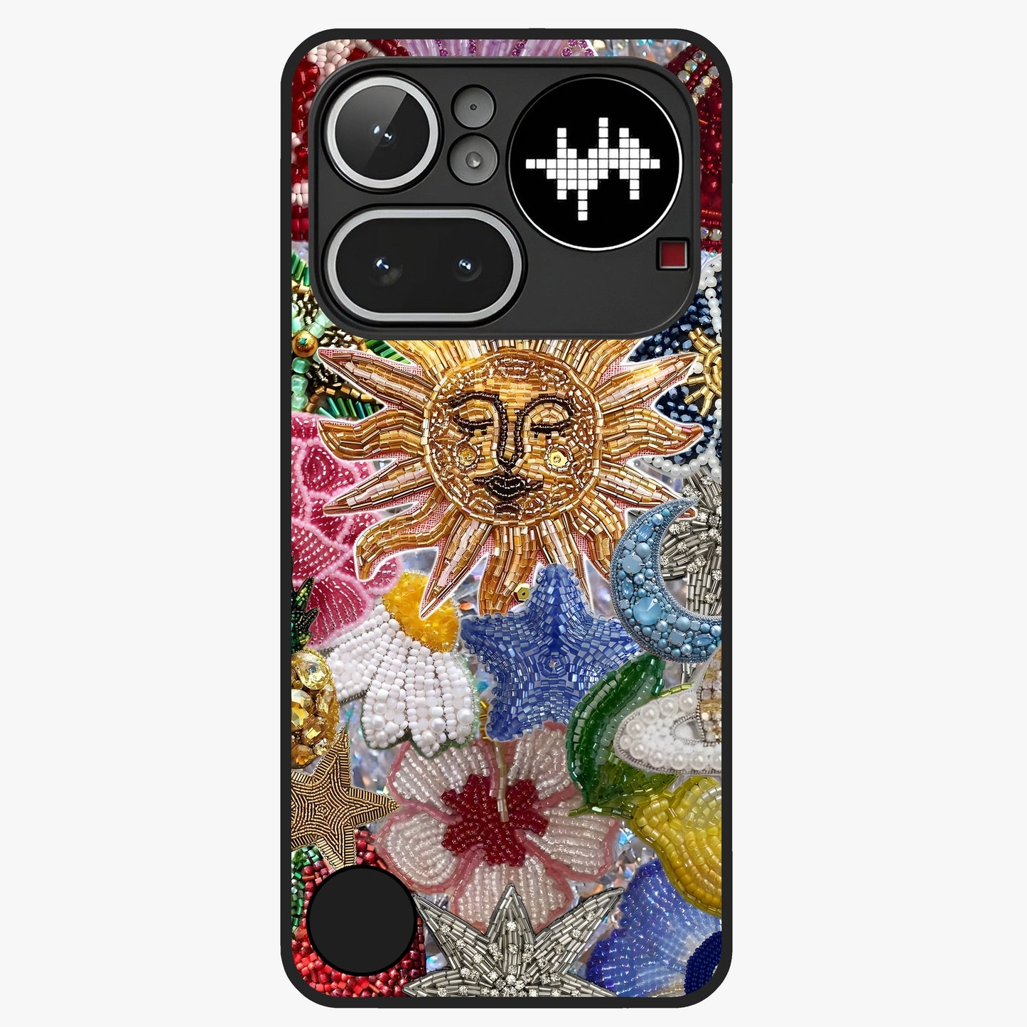 Celestial Floral and Playful Glass Case showing flat back view with floral and celestial themed artwork and glossy glass finish.