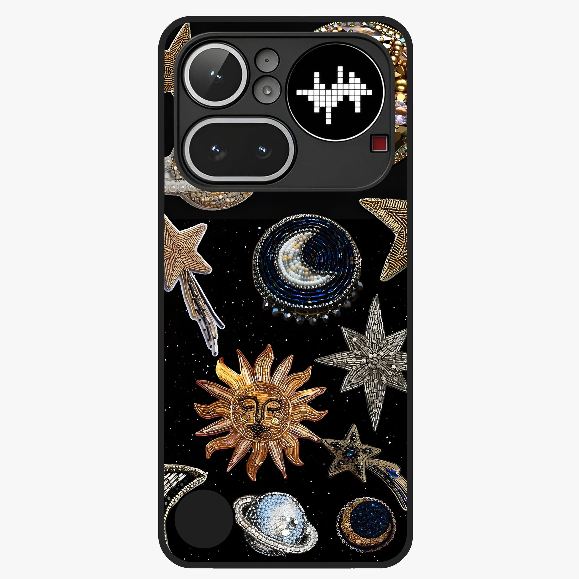 Celestial Gem Constellations Glass Case showing flat back view with sparkling constellation artwork and glossy glass finish.