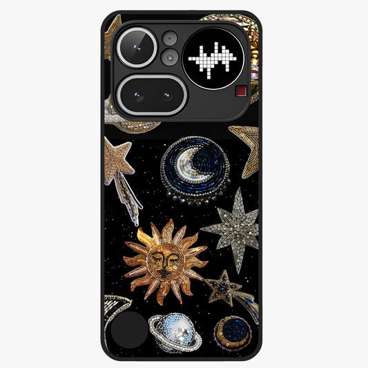 Celestial Gem Constellations Glass Case showing flat back view with sparkling constellation artwork and glossy glass finish.