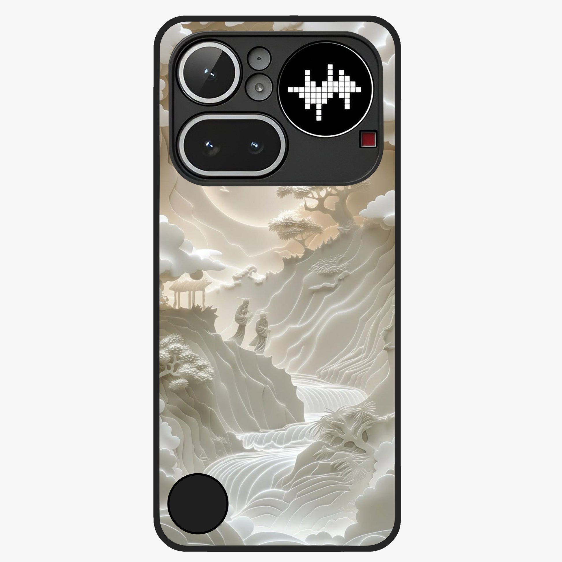 Celestial Origami Glass Case showing flat back view with artistic origami inspired celestial artwork and glossy glass finish.