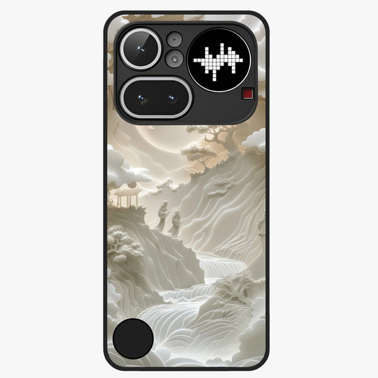 Celestial Origami Glass Case showing flat back view with artistic origami inspired celestial artwork and glossy glass finish.