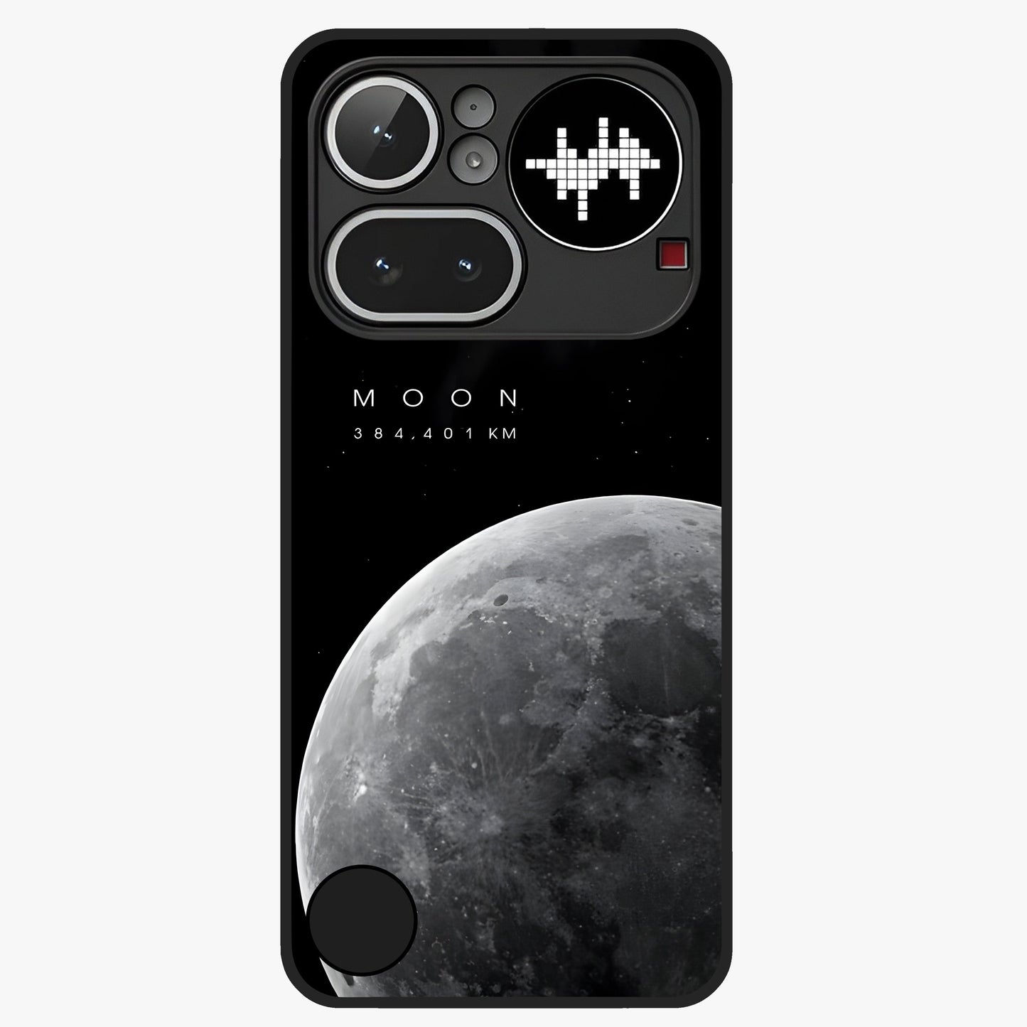 Cosmic Moon Glow Glass Case showing flat back view with glowing moon artwork and glossy glass finish.