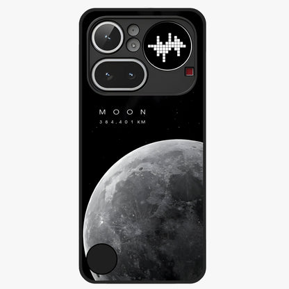 Cosmic Moon Glow Glass Case showing flat back view with glowing moon artwork and glossy glass finish.