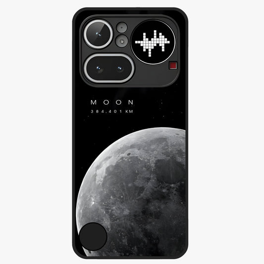 Cosmic Moon Glow Glass Case showing flat back view with glowing moon artwork and glossy glass finish.