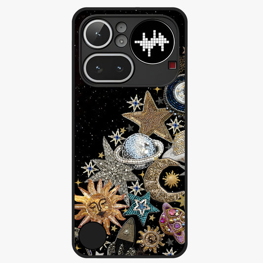 Cosmic Sparkle Dreams Glass Case showing flat back view with sparkling cosmic artwork and glossy glass finish.