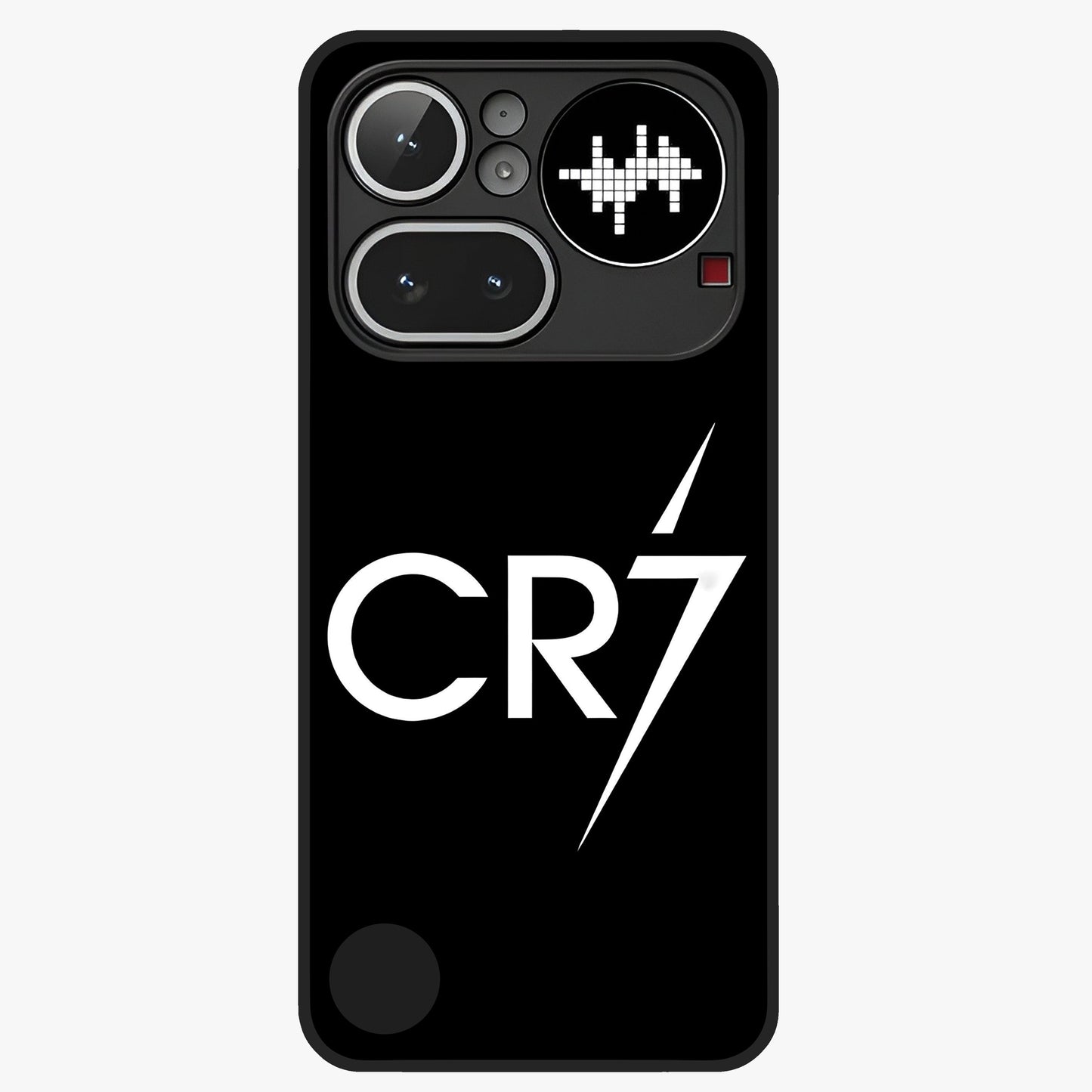 Cr7 Elite Strike Glass Case showing flat back view with dynamic football inspired artwork and glossy glass finish.