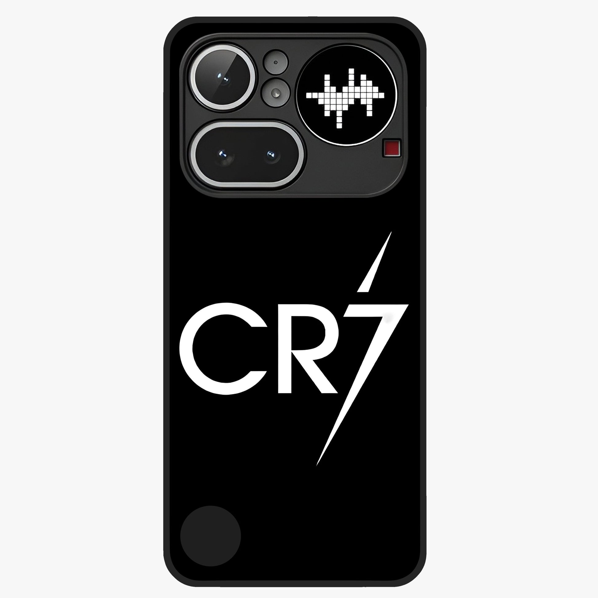 Cr7 Elite Strike Glass Case showing flat back view with dynamic football inspired artwork and glossy glass finish.