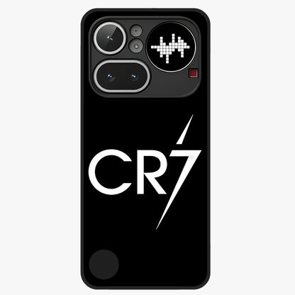 Cr7 Elite Strike Glass Case showing flat back view with dynamic football inspired artwork and glossy glass finish.