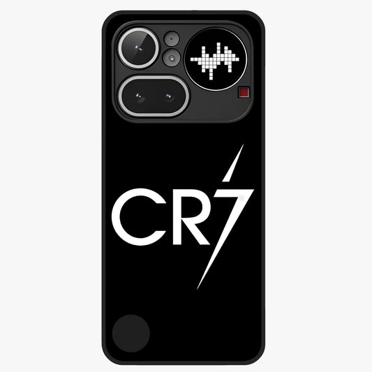 Cr7 Elite Strike Glass Case showing flat back view with dynamic football inspired artwork and glossy glass finish.