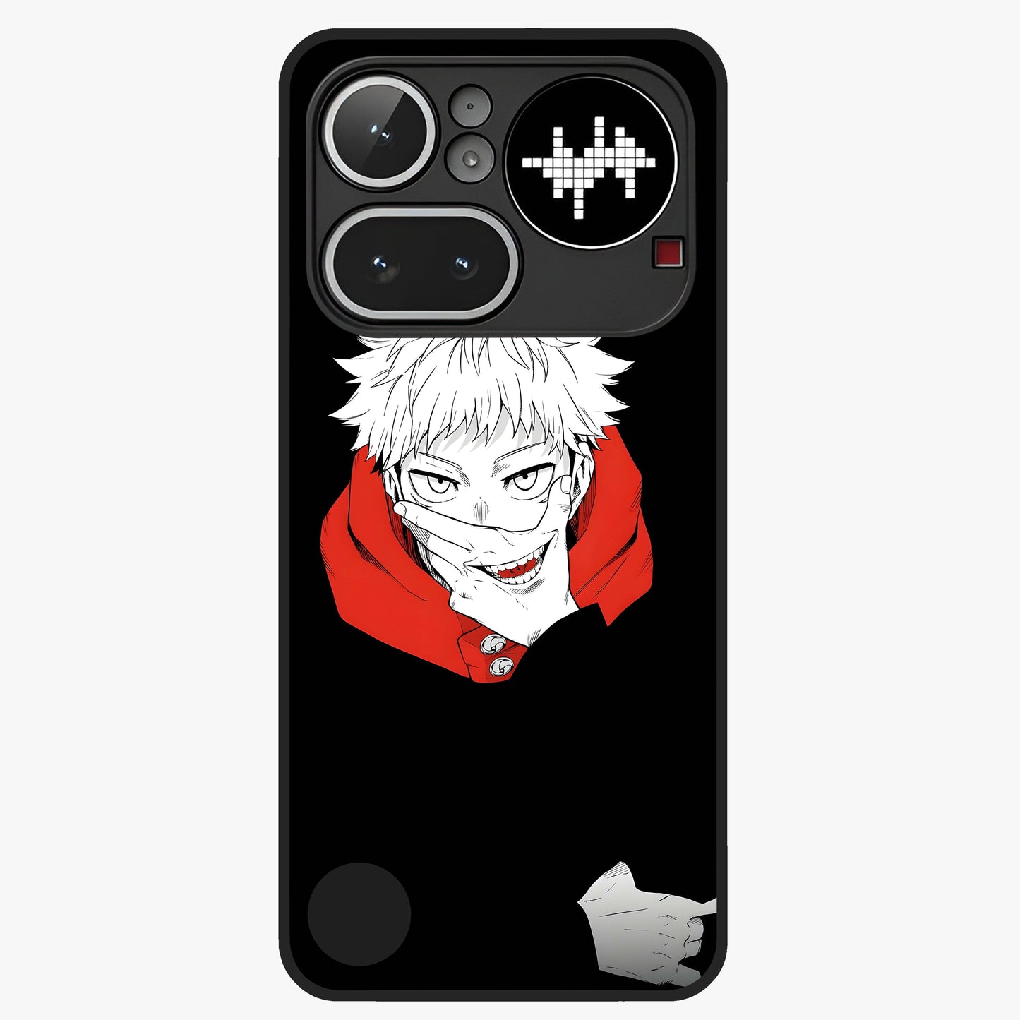 Crimson Chaos Smile Glass Case showing flat back view with bold chaotic smile artwork and glossy glass finish.