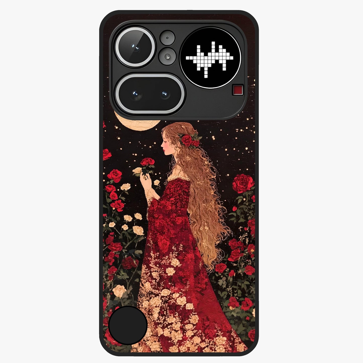 Crimson Dreams Glass Case showing flat back view with dreamy crimson artwork and glossy glass finish.