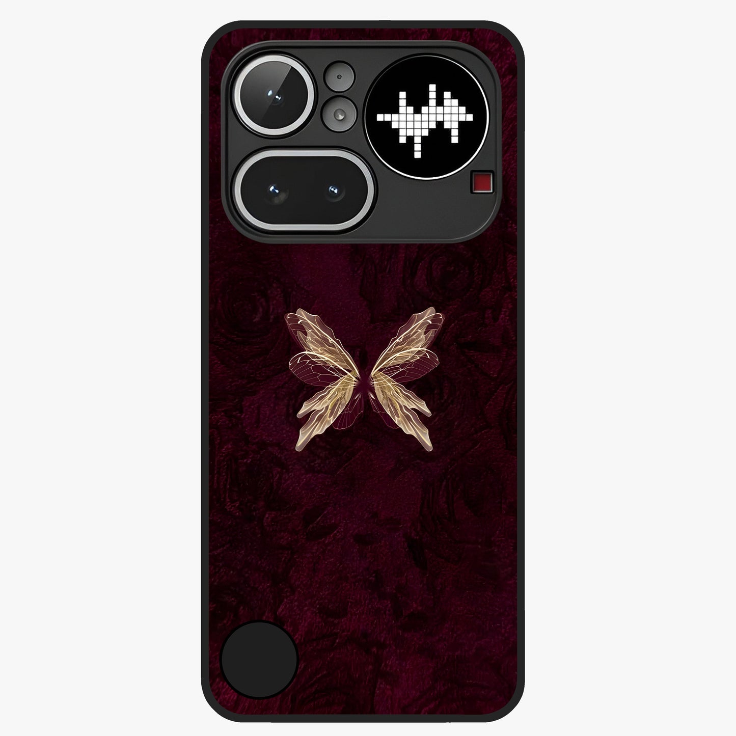 Crimson Fade Butterfly Glass Case showing flat back view with fading butterfly artwork and glossy glass finish.