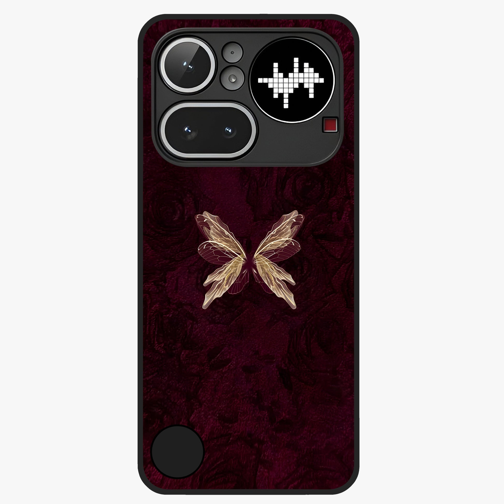 Crimson Fade Butterfly Glass Case showing flat back view with fading butterfly artwork and glossy glass finish.