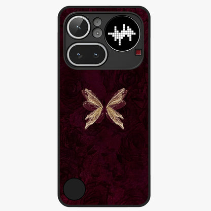 Crimson Fade Butterfly Glass Case showing flat back view with fading butterfly artwork and glossy glass finish.