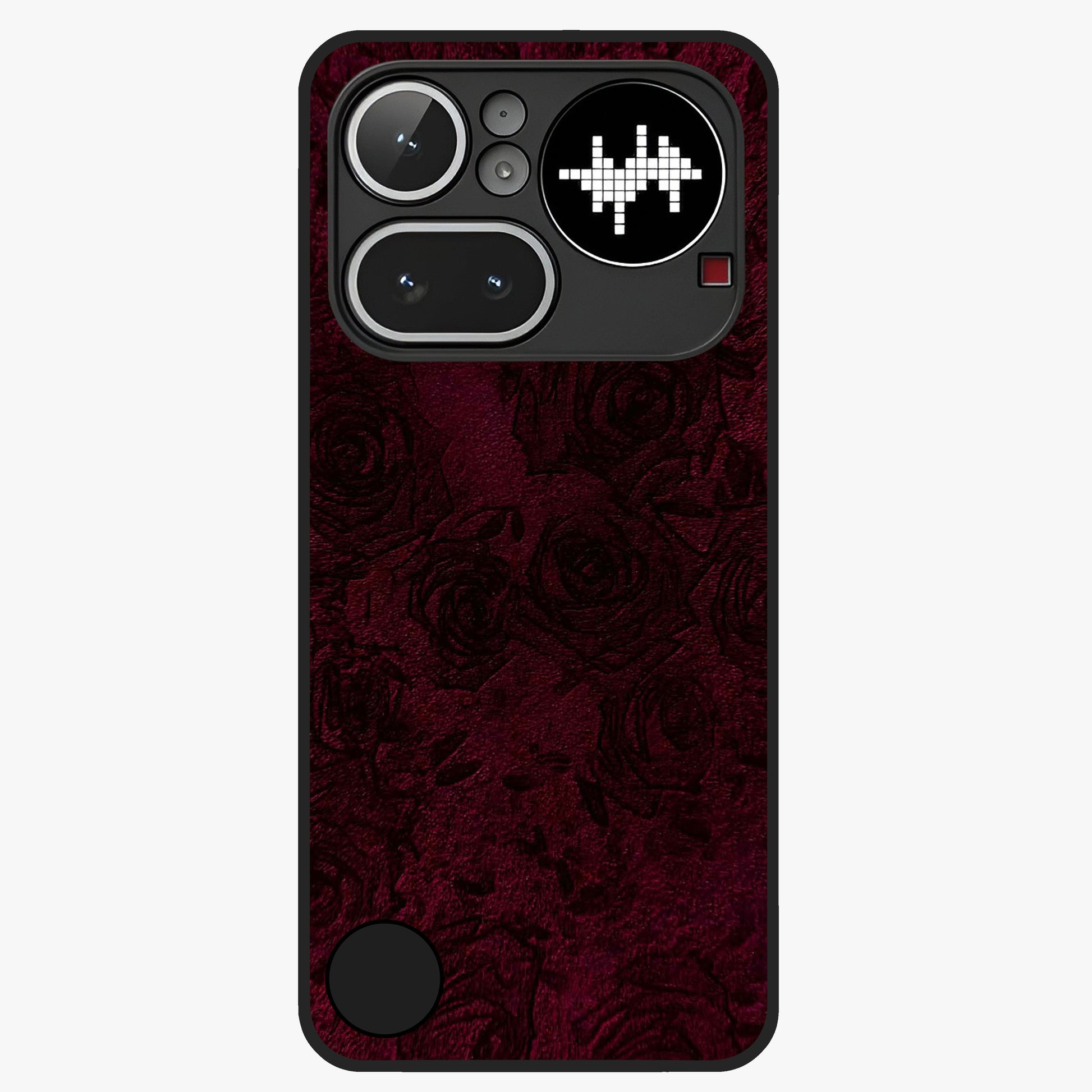 Crimson Fade Flow Glass Case showing flat back view with flowing crimson gradient artwork and glossy glass finish.
