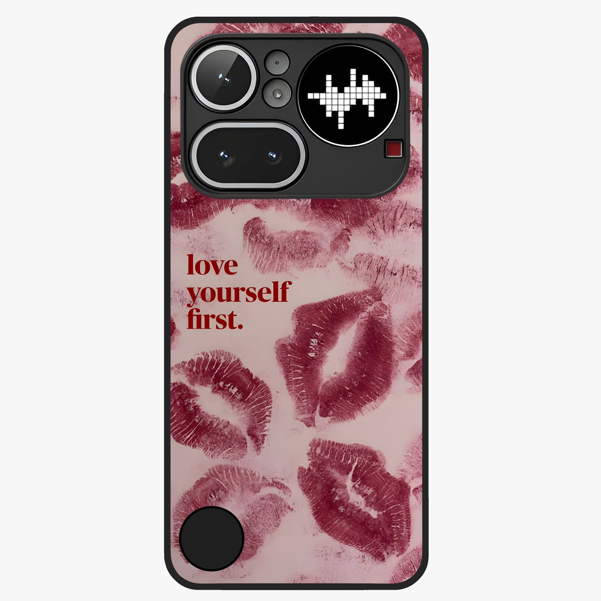Crimson Kiss Love Glass Case showing flat back view with romantic crimson themed artwork and glossy glass finish.