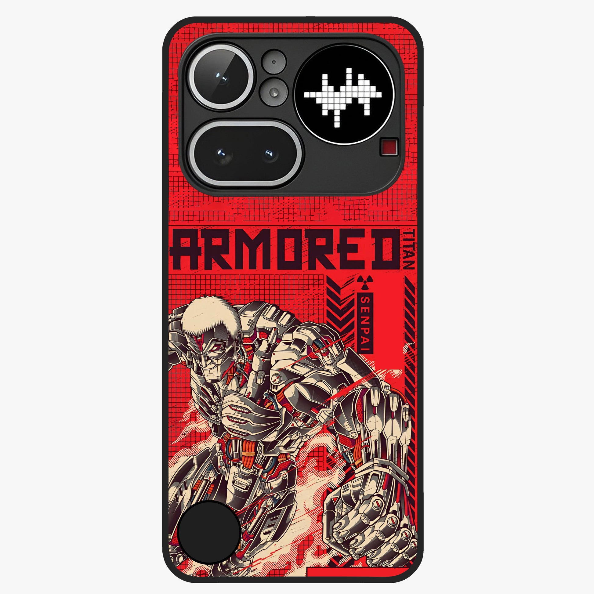Crimson Mecha Titan Glass Case showing flat back view with powerful mech titan artwork and glossy glass finish.