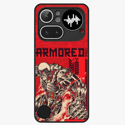 Crimson Mecha Titan Glass Case showing flat back view with powerful mech titan artwork and glossy glass finish.