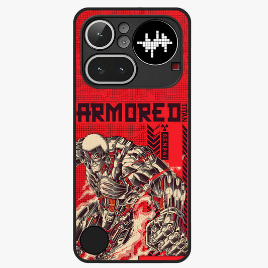 Crimson Mecha Titan Glass Case showing flat back view with powerful mech titan artwork and glossy glass finish.