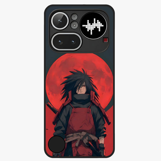 Crimson Moon Warlord Glass Case showing flat back view with mystical moon warrior artwork and glossy glass finish.