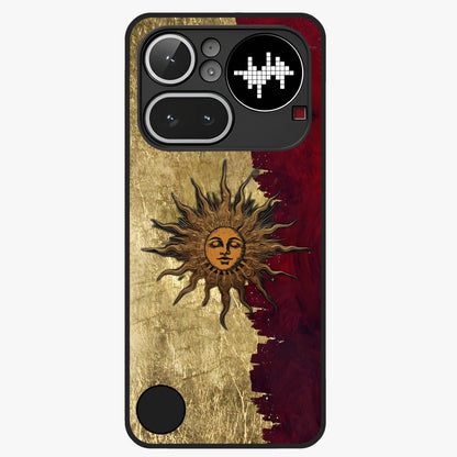 Crimson Sun Majesty Glass Case showing flat back view with radiant sun inspired artwork and glossy glass finish.
