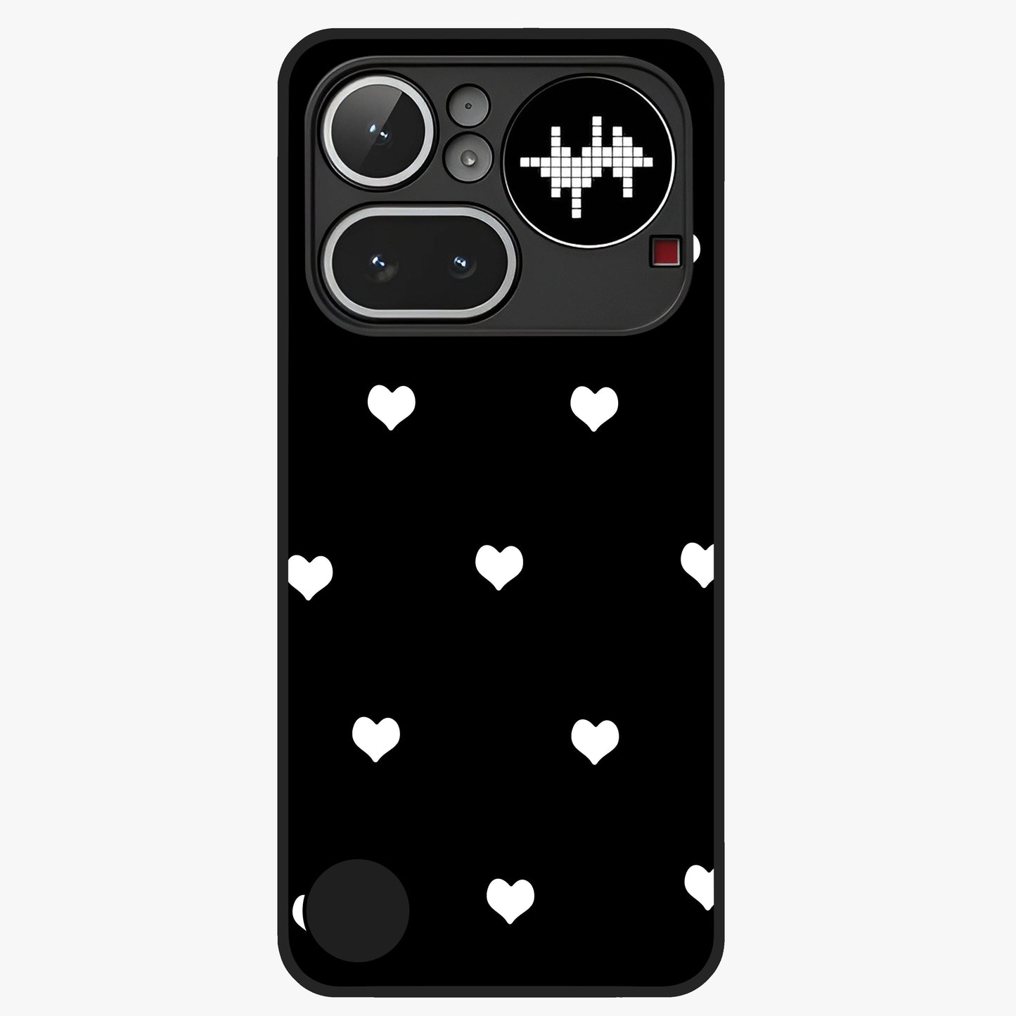 Cute And Simple White Hearts Glass Case showing flat back view with minimal white heart pattern and glossy glass finish.