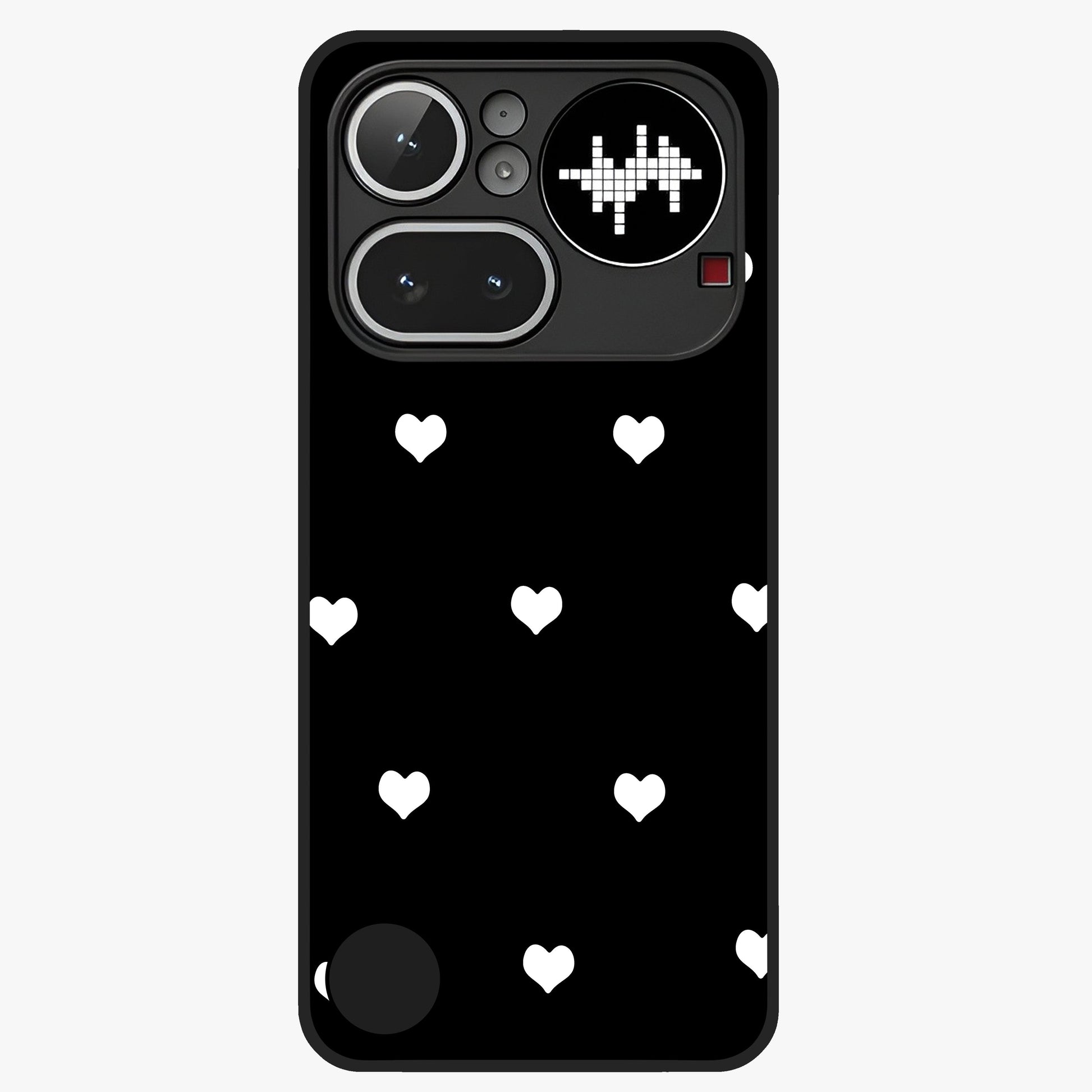 Cute And Simple White Hearts Glass Case showing flat back view with minimal white heart pattern and glossy glass finish.