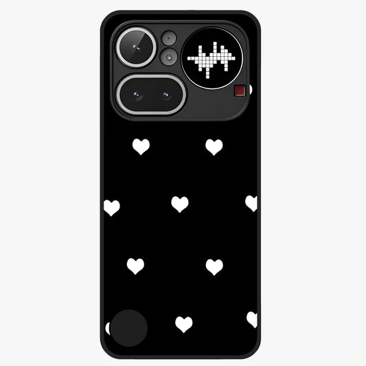 Cute And Simple White Hearts Glass Case showing flat back view with minimal white heart pattern and glossy glass finish.