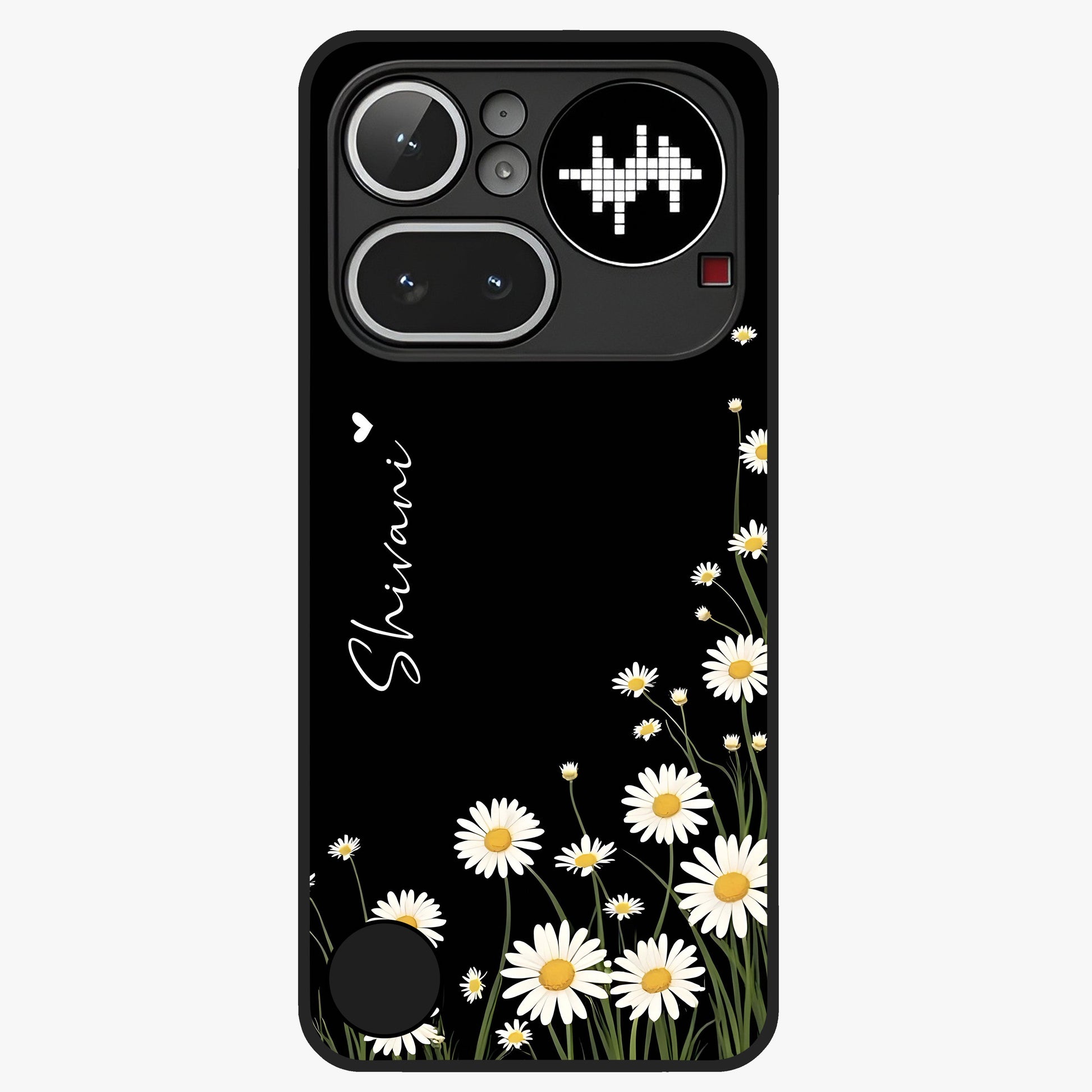 Daisy Cascade Custom Name Glass Case showing flat back view with cascading daisy flowers and personalized name design.