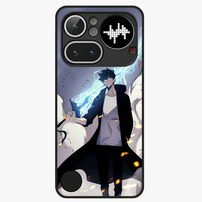 Dark Lightning Anime Warrior Glass Case showing flat back view with intense anime warrior artwork and glossy glass finish.