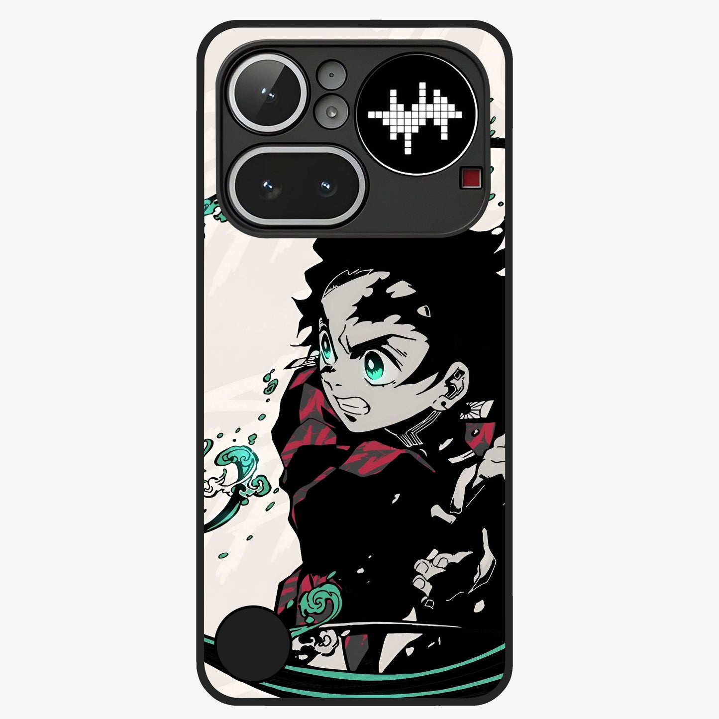Demon Slayer Glass Case showing flat back view with bold anime inspired artwork and glossy glass finish.